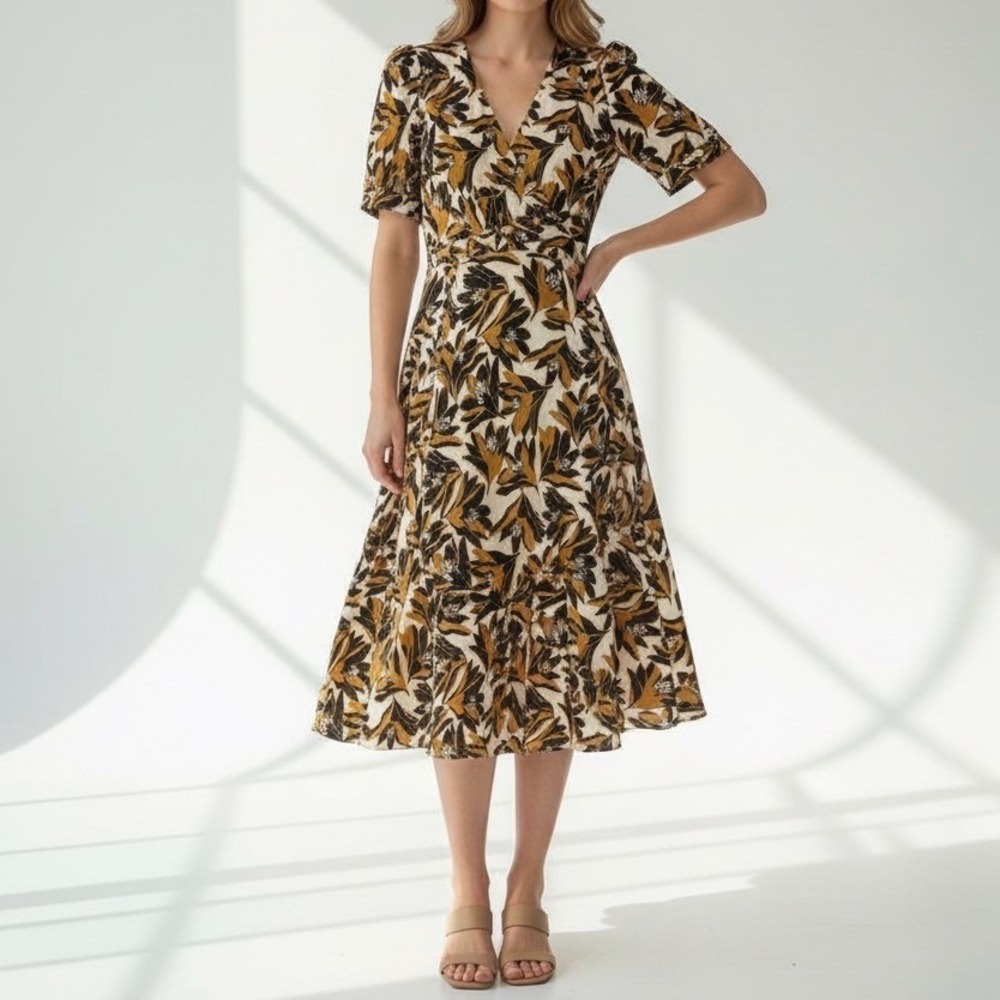 Weekend Max Mara Cream, Mustard & Black Leaf-Print Midi Dress